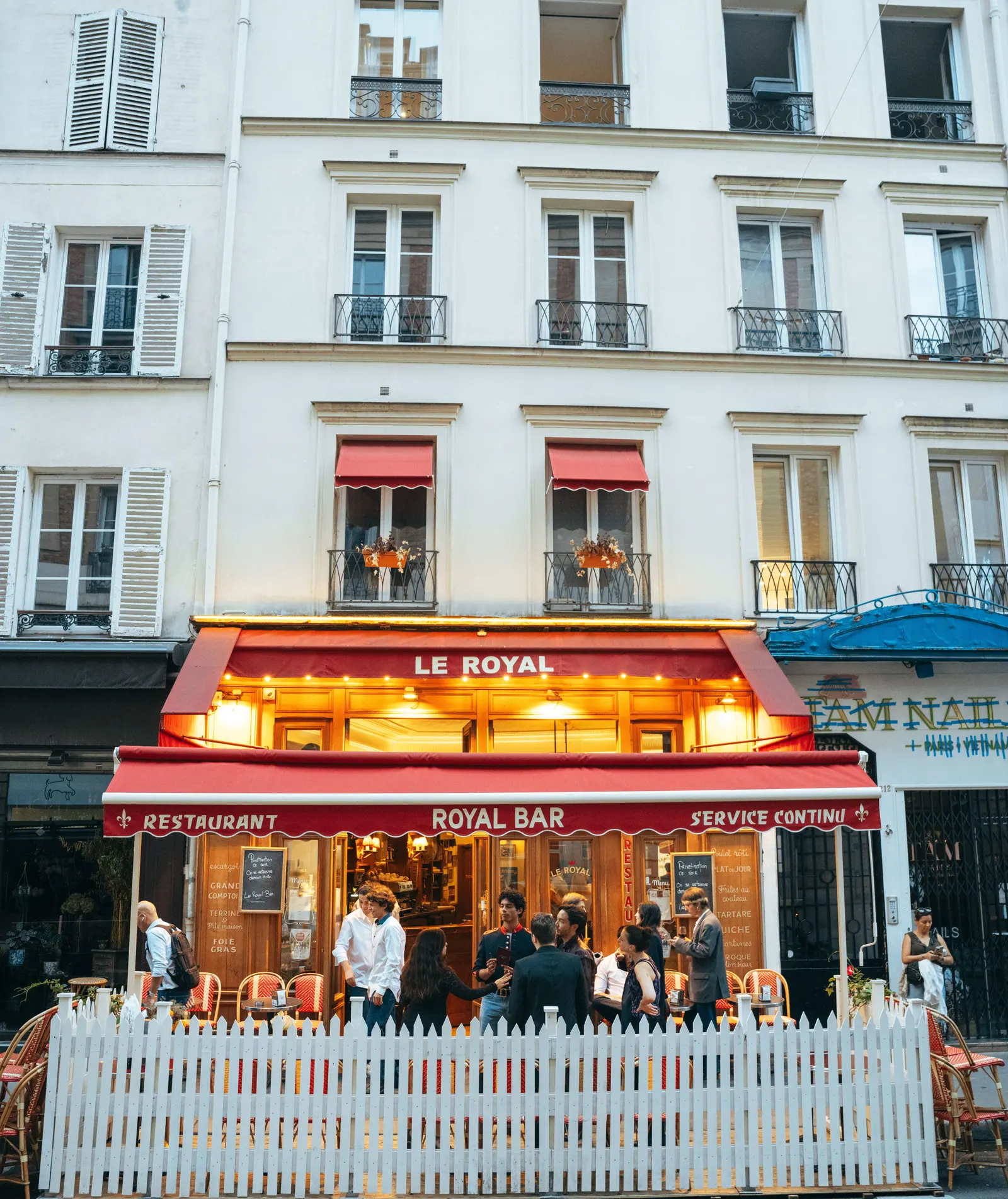 The red awning of Le Royal Bar in Paris on the night of the dinner