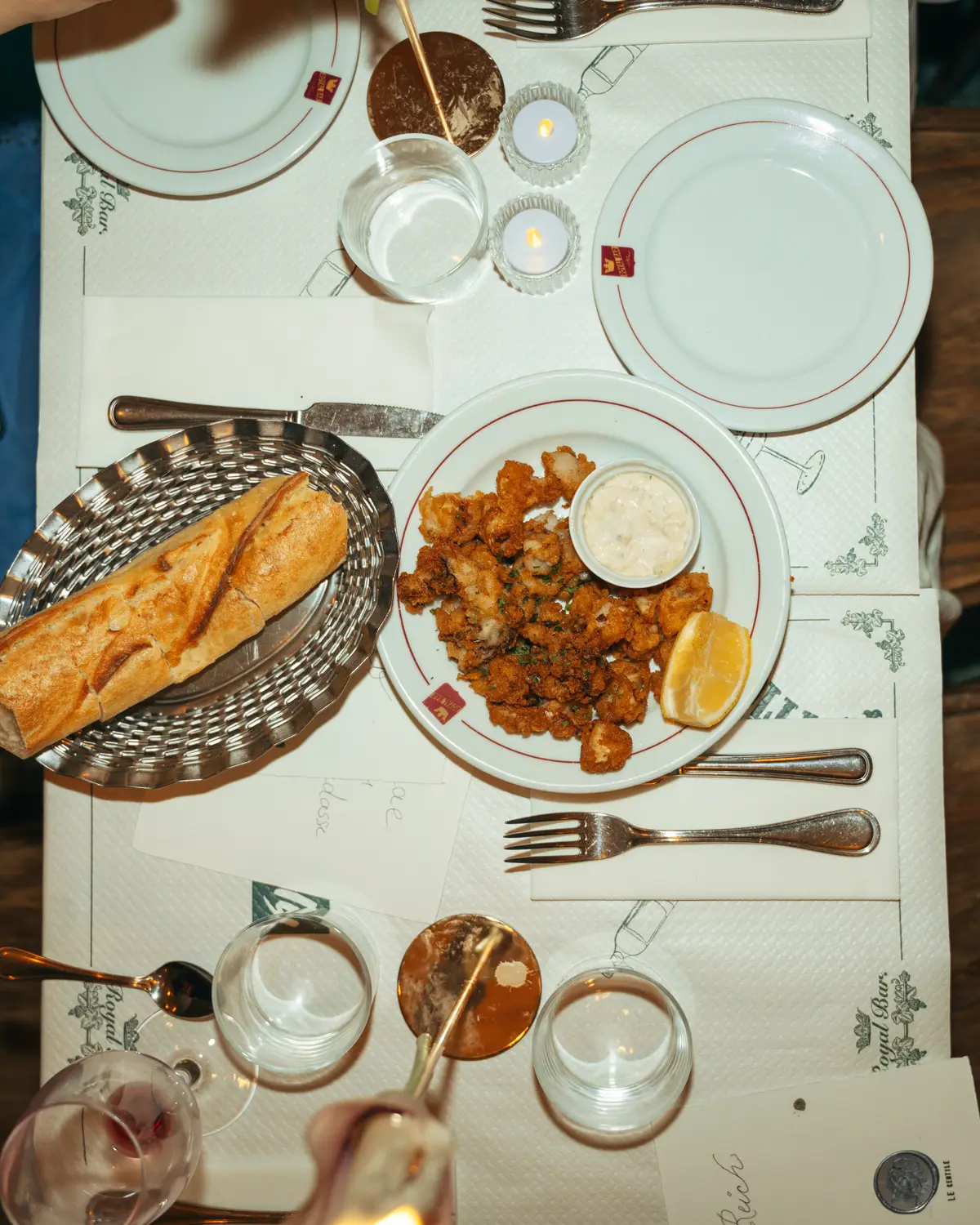 A plate and a bread basket seen from above