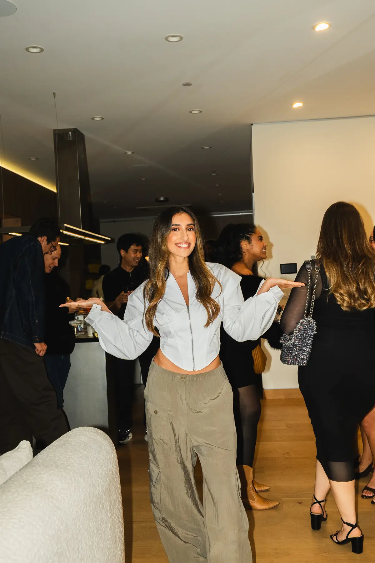 A guest dancing in the living room
